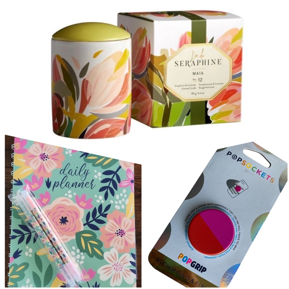 3 Piece Bundle - Floral Themed - All New Lrg Candle + Daily Planner & Pop Socket